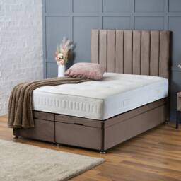 "BSSPOKE Aria Ottoman Divan Bed Plush Velvet 54"" Panel Headboard & No Mattress in Taupe - Size: King"