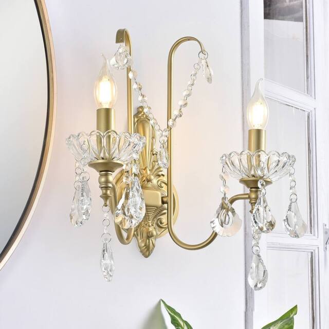 NIVOR 2 Light Crystal Wall Lights Rustic Wall Lamp for Hallway Porch E14 in Gold - image 1