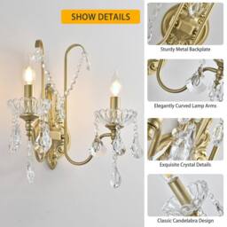 NIVOR 2 Light Crystal Wall Lights Rustic Wall Lamp for Hallway Porch E14 in Gold - thumbnail 8