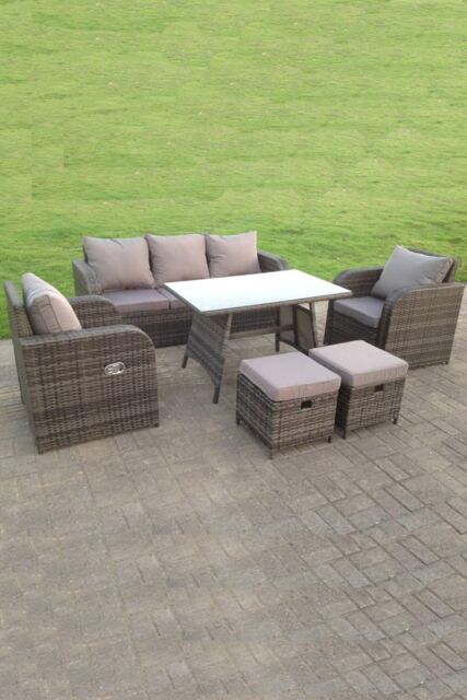 Fimous Wicker Rattan Garden Furniture Set Lounge Reclining Adjustable Chair Dining Table Small Footstools 7 Seater in Dark Grey - image 1