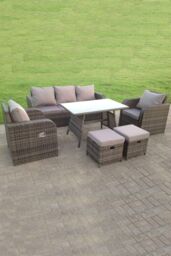 Fimous Wicker Rattan Garden Furniture Set Lounge Reclining Adjustable Chair Dining Table Small Footstools 7 Seater in Dark Grey - thumbnail 1
