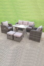 Fimous Wicker Rattan Garden Furniture Set Lounge Reclining Adjustable Chair Dining Table Small Footstools 7 Seater in Dark Grey - thumbnail 2