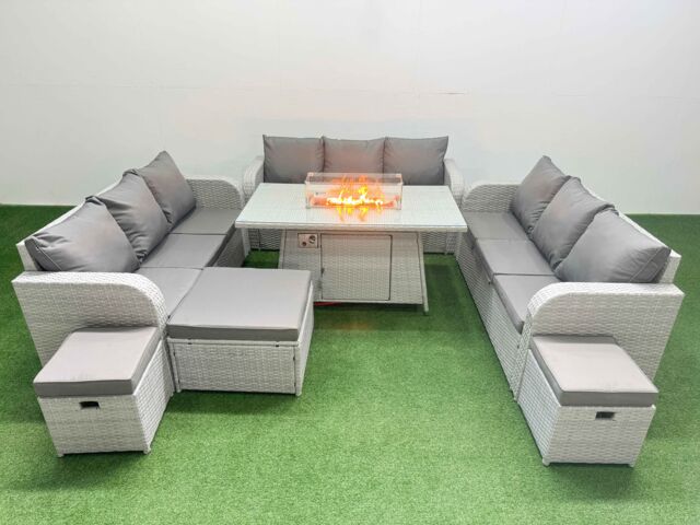 Fimous PE Rattan Lounge Sofa Set 12 Seater Outdoor Garden Furniture Set with Firepit Dining Table 3 Seater Sofa 3 Stools Light Grey - image 1