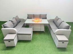 Fimous PE Rattan Lounge Sofa Set 12 Seater Outdoor Garden Furniture Set with Firepit Dining Table 3 Seater Sofa 3 Stools Light Grey - thumbnail 2