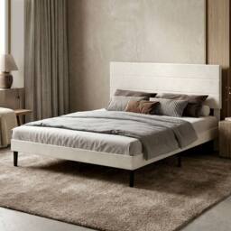 Levede Double Bed Frame with Upholstered Headboard Velvet Foam White Fabric - thumbnail 3