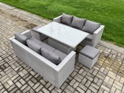 Fimous Rattan Garden Funiture Set Height Adjustable Rising Lifting Table Sofa Dining Set with 2 Small Footstools in Light Grey - thumbnail 2