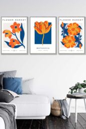 ARTZE Set of 3 Light Grey Framed Blue & Orange Flower Market Wall Art - Size: W33 cm x H45 cm x D20mm - thumbnail 1