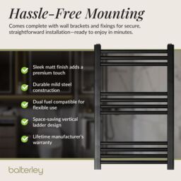 Balterley Straight Heated Towel Rail Radiator, 418W, 500 x 700mm, Matt Black - thumbnail 4