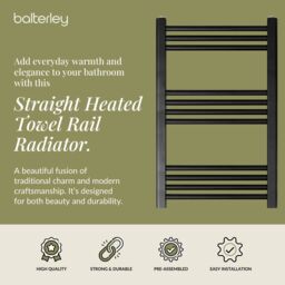 Balterley Straight Heated Towel Rail Radiator, 418W, 500 x 700mm, Matt Black - thumbnail 2