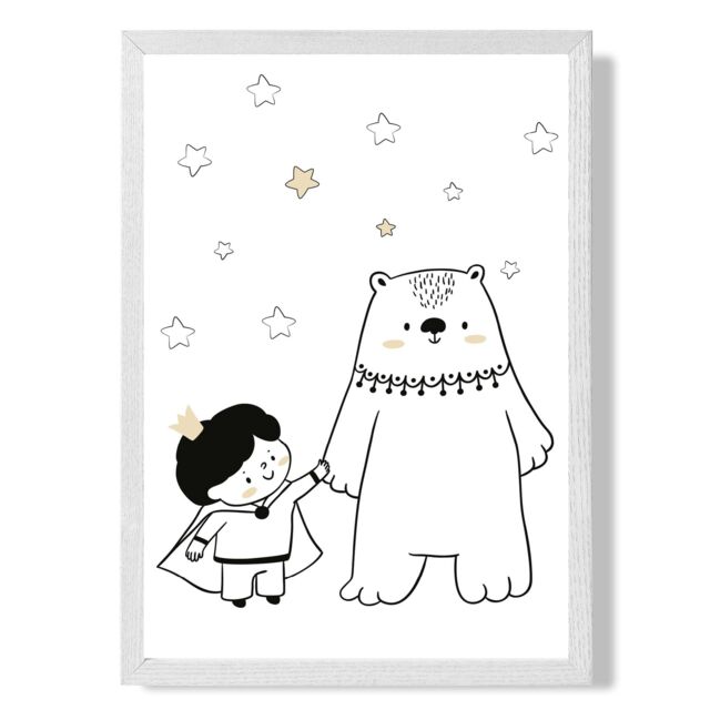 ARTZE Scandi Prince Little Boy with Bear Framed Print SIZE: A4 with White Frame in Black - image 1