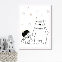 ARTZE Scandi Prince Little Boy with Bear Framed Print SIZE: A4 with White Frame in Black - thumbnail 2