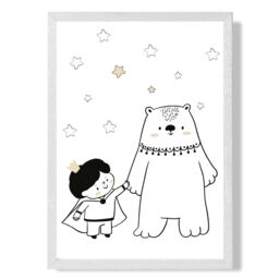 ARTZE Scandi Prince Little Boy with Bear Framed Print SIZE: A4 with White Frame in Black - thumbnail 1