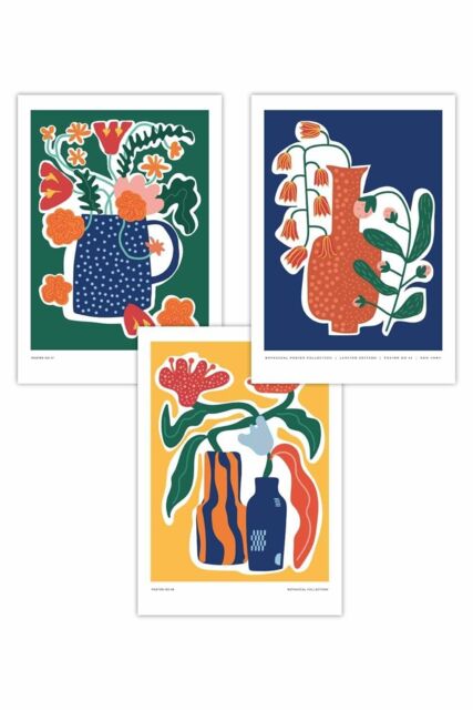 ARTZE Set of 3 Artisan Flower Market in Blue, Yellow & Green Art Posters in Bright Green - Size: W50 cm x H70 cm - image 1