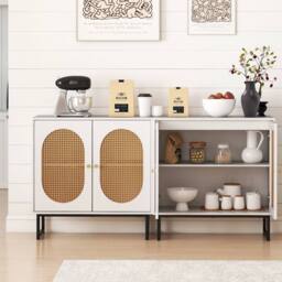 KORVIXA Rattan Buffet Cabinet 2 Door Sideboard Storage in White - Size: 0.6m2 - thumbnail 3