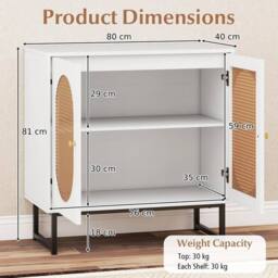 KORVIXA Rattan Buffet Cabinet 2 Door Sideboard Storage in White - Size: 0.6m2 - thumbnail 2