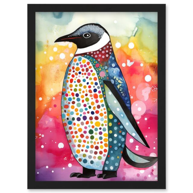 Artery8 Cute Multicoloured Spot Penguin Folk Art Artwork Framed Wall Art Print A4 in Black - image 1