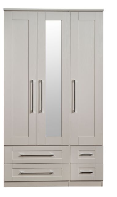 Ready Assembled 2 U Ripon Tall Triple 2 Drawer Mirror + Drawer Wardrobe (Ready Assembled) in Taupe