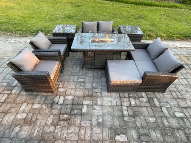 Fimous Wicker PE Rattan Garden Furniture Sets Patio Outdoor Gas Firepit Dining Table Heater Set with Double Seat Sofa Side Tables in Dark Grey