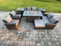 Fimous Wicker PE Rattan Garden Furniture Sets Patio Outdoor Gas Firepit Dining Table Heater Set with Double Seat Sofa Side Tables in Dark Grey - thumbnail 1