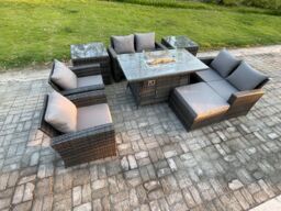 Fimous Wicker PE Rattan Garden Furniture Sets Patio Outdoor Gas Firepit Dining Table Heater Set with Double Seat Sofa Side Tables in Dark Grey - thumbnail 2