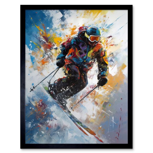 "Artery8 Wall Art Print Skier Skiing Down Slope Vibrant Splat Art Painting Art Framed in Black - Size: W12"" x H16""" - image 1