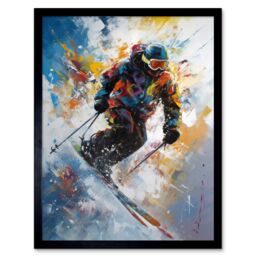 "Artery8 Wall Art Print Skier Skiing Down Slope Vibrant Splat Art Painting Art Framed in Black - Size: W12"" x H16""" - thumbnail 1