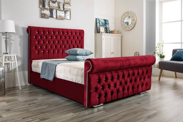 UK Bed Furniture Faye Gas Lift Ottoman Upholstered Bed with 48 Inch Button Headboard in Maroon - Size: King - image 1