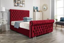 UK Bed Furniture Faye Gas Lift Ottoman Upholstered Bed with 48 Inch Button Headboard in Maroon - Size: King - thumbnail 1