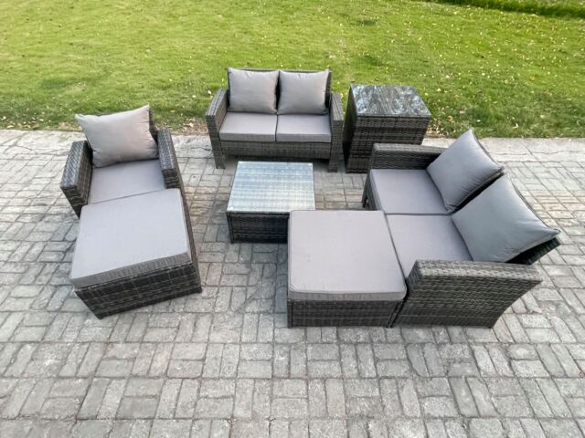 Fimous 7 Seater Outdoor Rattan Garden Furniture Set Conservatory Patio Sofa Coffee Table Set with Chair Side Table 2 Big Footstool in Dark Grey