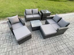 Fimous 7 Seater Outdoor Rattan Garden Furniture Set Conservatory Patio Sofa Coffee Table Set with Chair Side Table 2 Big Footstool in Dark Grey - thumbnail 2