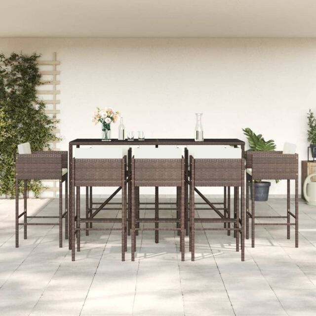 Berkfield Home 9 Piece Garden Bar Set with Cushions Brown Poly Rattan - image 1