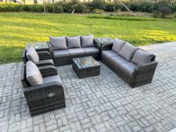 Fimous High Back Rattan Garden Furniture Set with Square Coffee Table 2 Side Tables Indoor Outdoor Patio Lounge Sofa Set Dark Grey Mixed - thumbnail 1