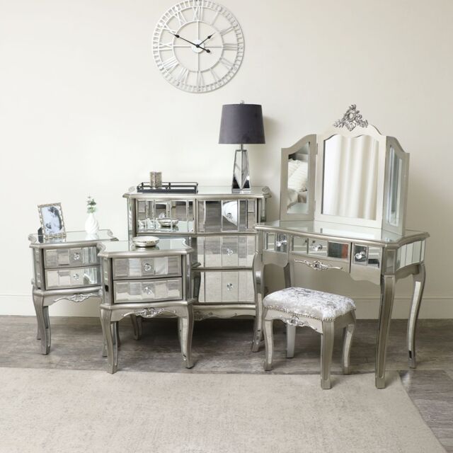 Melody Maison Silver Mirrored Bedroom Furniture, Chest Of Drawers, Dressing Table Set & Bedside Tables - Tiffany Range in Metallic Silver - image 1