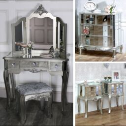 Melody Maison Silver Mirrored Bedroom Furniture, Chest Of Drawers, Dressing Table Set & Bedside Tables - Tiffany Range in Metallic Silver - thumbnail 2
