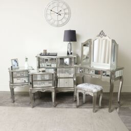 Melody Maison Silver Mirrored Bedroom Furniture, Chest Of Drawers, Dressing Table Set & Bedside Tables - Tiffany Range in Metallic Silver - thumbnail 1