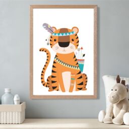 ARTZE Tiger Tribal Animal Framed Print SIZE: A2 with Oak Frame in Orange - thumbnail 2