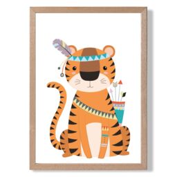ARTZE Tiger Tribal Animal Framed Print SIZE: A2 with Oak Frame in Orange - thumbnail 1