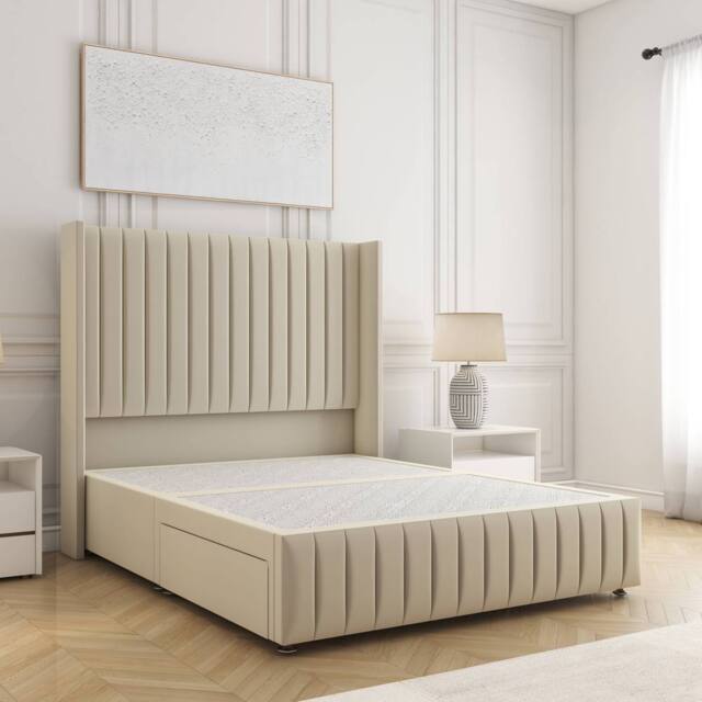 "BSSPOKE Luna Plush Velvet Divan Bed 54"" Headboard & No Mattress No Drawers in Cream - Size: King" - image 1