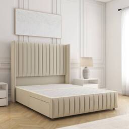 "BSSPOKE Luna Plush Velvet Divan Bed 54"" Headboard & No Mattress No Drawers in Cream - Size: King"