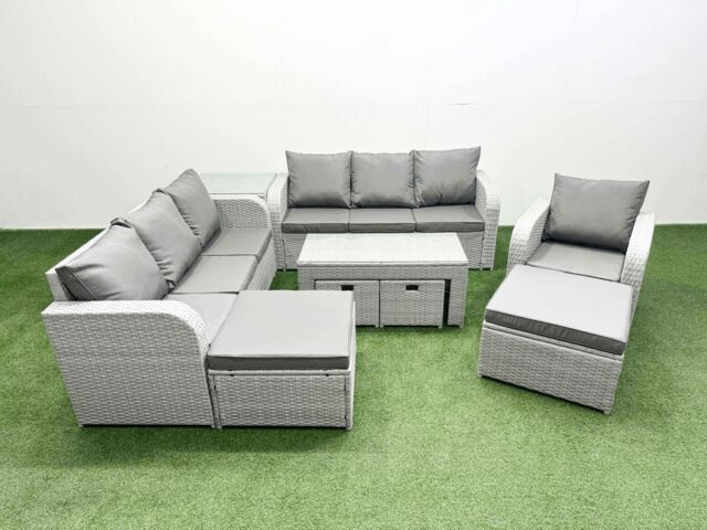 Fimous PE Rattan 3 Seater Sofa Reclining Chair Set with Footstool Side Table in Light Grey - image 1