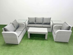 Fimous Patio PE Wicker 6 Seater Outdoor Rattan Furniture Sofa Sets w/ Oblong Coffee Table Reclining Chair Loveseat Sofa 3 Seater Sofa 2 Side Table - thumbnail 1
