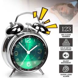 NESTLUNE Super Loud Twin Bell Alarm Clock with Night Light Not Ticking in Silver - Size: 100 cm x 60 cm - thumbnail 4