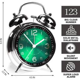 NESTLUNE Super Loud Twin Bell Alarm Clock with Night Light Not Ticking in Silver - Size: 100 cm x 60 cm - thumbnail 2