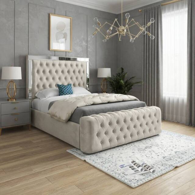 KDMD Wimborne Mirror Upholstered Beige Soft Velvet Designer Bed Frame in Cream - Size: Super King - image 1