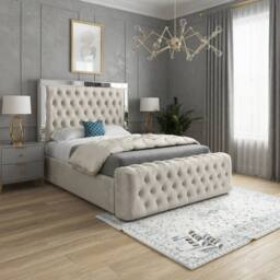 KDMD Wimborne Mirror Upholstered Beige Soft Velvet Designer Bed Frame in Cream - Size: Super King - thumbnail 1