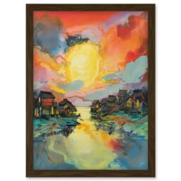 Artery8 Atmospheric Clouds Over Mono Lake Fishing Village at Dawn Modern Watercolour Painting Artwork Framed Wall Art Print A4 in Brown - thumbnail 1