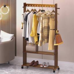 Kelvenix Rolling Bamboo Clothes Rail Rack in Brown - thumbnail 1