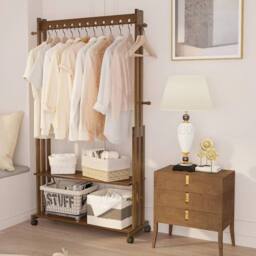 Kelvenix Rolling Bamboo Clothes Rail Rack in Brown - thumbnail 5
