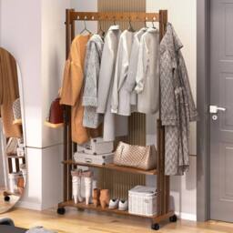 Kelvenix Rolling Bamboo Clothes Rail Rack in Brown - thumbnail 3
