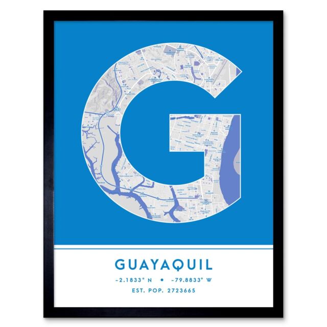 "Wee Blue Coo Wall Art Print Guayaquil Ecuador City Map Modern Typography Stylish Letter Framed Word in Blue - Size: W12"" x H16""" - image 1